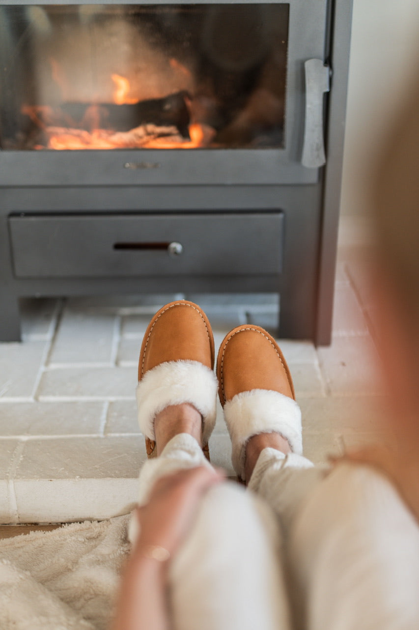 Ladies Tan Slip On Sheep Skin Slipper