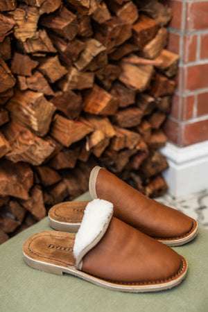 Mens Brown Slip On Sheep Skin Slipper