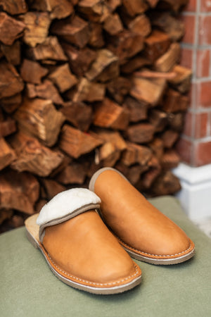 Mens Tan Slip On Sheep Skin Slipper